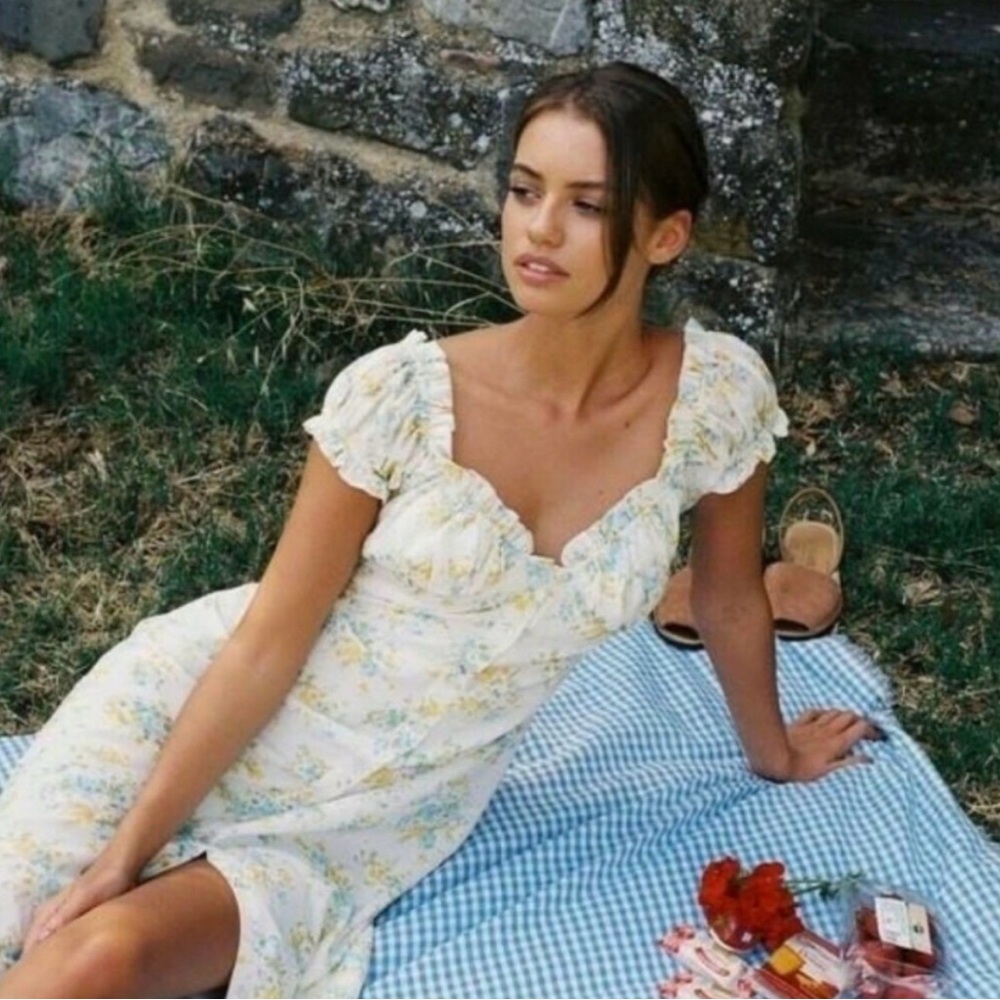 With Jean Cream Midi Dress with Yellow & Blue Floral Print, M